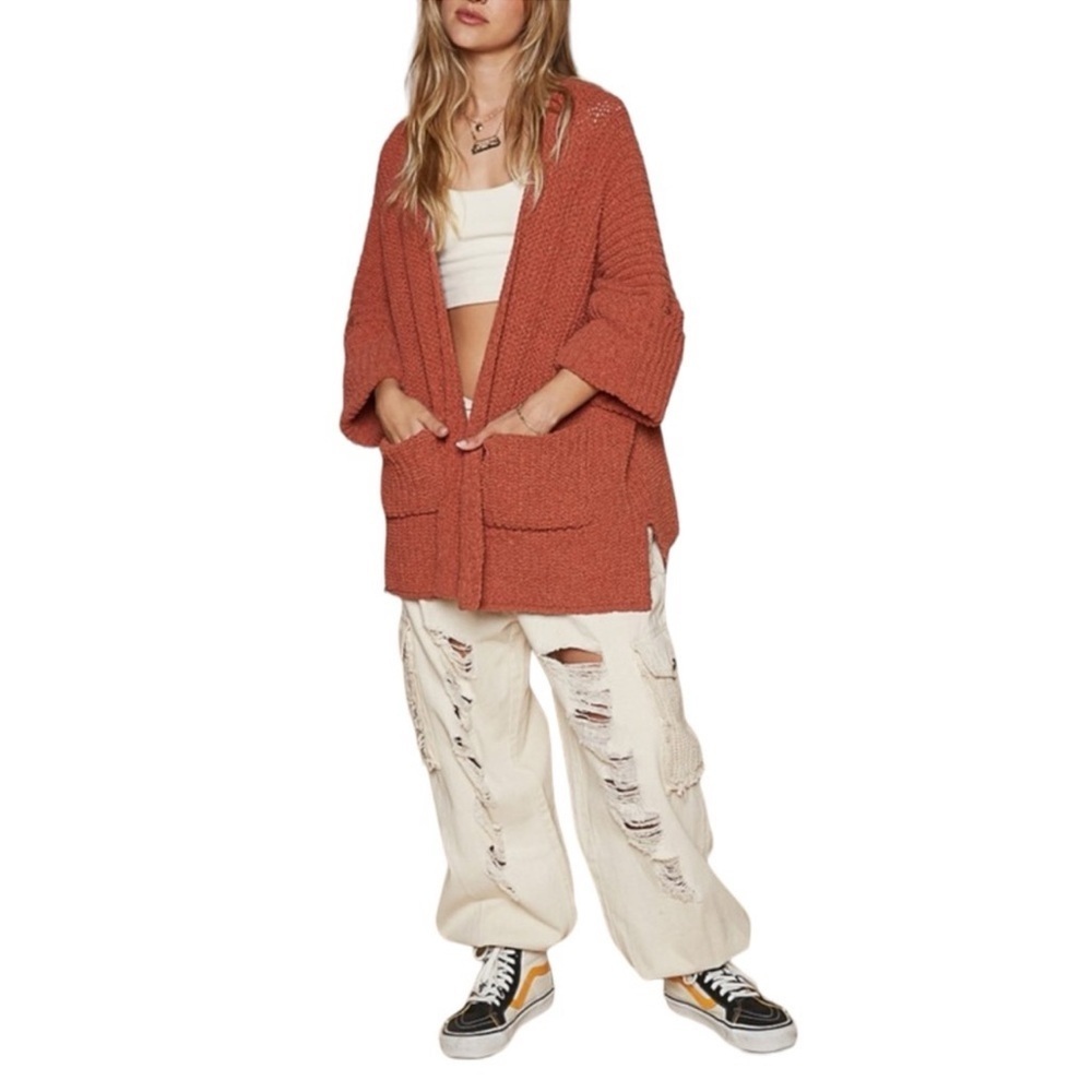 POL Chunky Knit Cardigan Rust Sweater Pockets Cropped Sleeve Size L Boho - Picture 3 of 3
